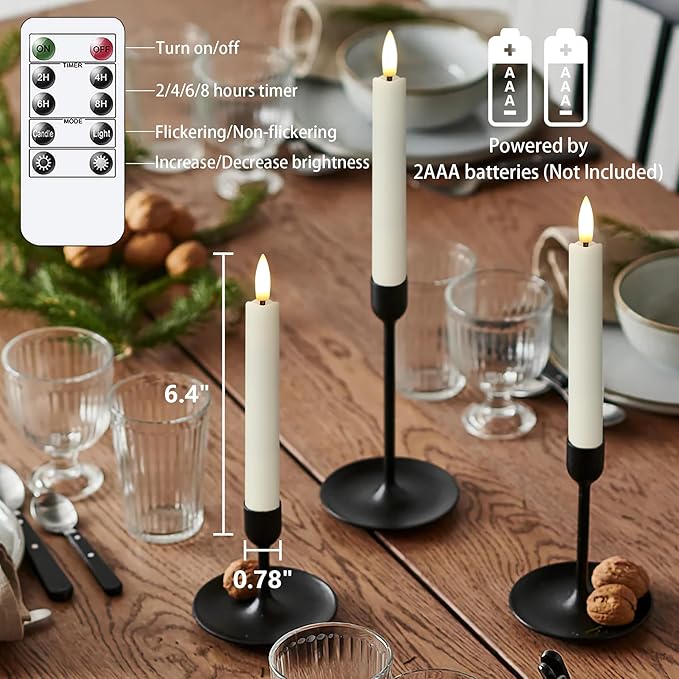 Battery Operated Flameless Taper Candles with Two Remote Timer, 6.4" LED 3D-Wick Window Candles, Flickering Long-Lasting Warm Light Electric Pack of 6 Flameless Candlesticks (0.78" Dia,Ivory)