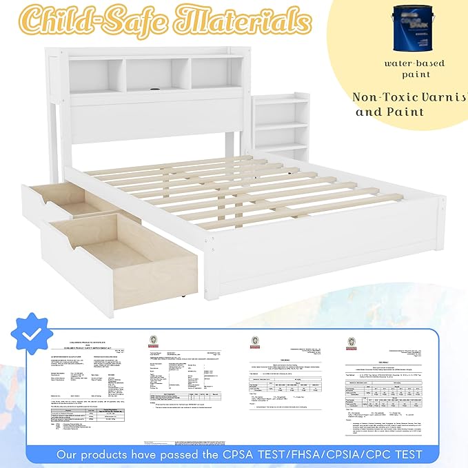 Kids Full Bed Frame with Drawers & Storage Headboard, Solid Wood Platform Bed with Pull-Out Cabinet, Built-in LED Light & Charging Station, No Box Spring Needed, White