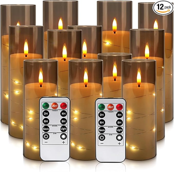 Flickering Flameless Candles Battery Operated with Remote,Led Pillar Candles with Realistic Moving Wick Candles for Halloween,Christmas,Home Decor Pack of 12 (D2.2 xH 5" 6" 7")(Grey)