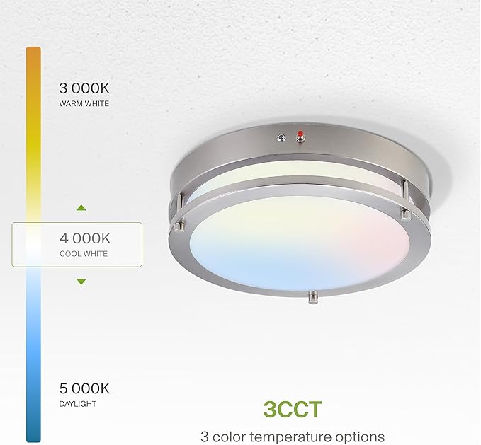 ASD LED 14" Round Flush Mount Lighting, Close to Ceiling Light Fixture | 3CCT, Dimmable, Battery Backup, ETL Listed | 21W 1854LM 3000-5000K 100-277V | Low Profile Double Ring Lamp | Nickel