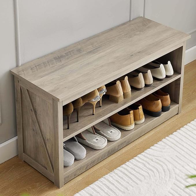 Farmhouse Storage Bench with 2-Tier Open Shelf, Shoe Bench with Cushion for Entryway, Mudroom, Hallway, Living Room & Bedroom Organization, Grey