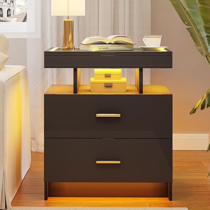 LED Nightstand Set 2 with Wireless Charging Station,Black Night Stand with 2 Drawers,Glass Top Smart Bedside Table,Modern End Table Side for Bedroom,Living Room,Office
