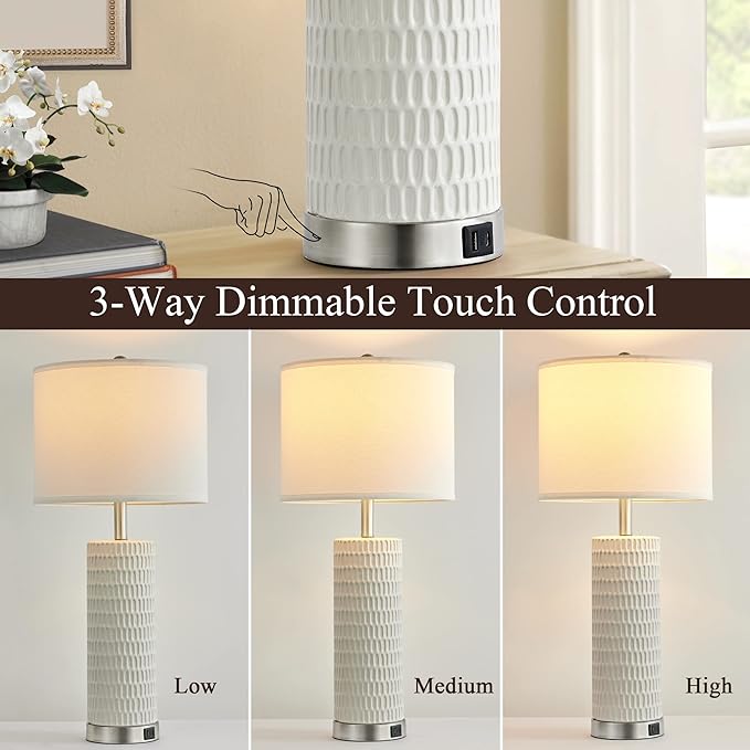 26.5" Ceramic Table Lamp Set of 2, 3 Way Dimmable Touch Control Table Lamp with 2 USB Charging Ports for Bedroom Living Room, Modern Nightstand Lamp End Table Lamps, Bulbs Included