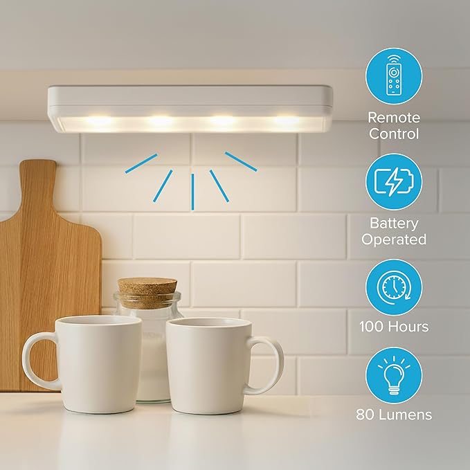 Brilliant Evolution Stick On Touch Wireless Lights with Remote - 8.5"L Battery-Powered LED Under Cabinet Lighting for Kitchen, Closet, Pantry - 2 Pack Easy Install and Adjustable Brightness, 80 Lumens