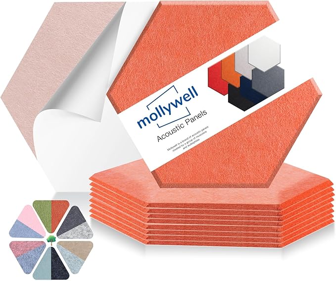 Mollywell Hexagon Acoustic Panels 14x12 - Reduce Echo & Reverb, Noise Blocking Wall Tiles for Studio & Creative Space, Orange Sound Absorbing Panels
