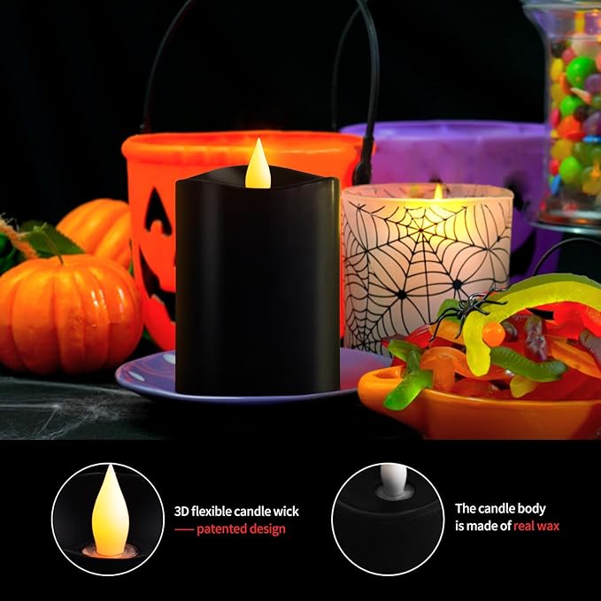 3x4 Flickering Flameless Candles Set of 1, 2AA Battery Life 600 Hours Battery Candles Flickering with Timer,4 inch Flameless Candles with Remote for Home Wedding Party Halloween Decoration, Black