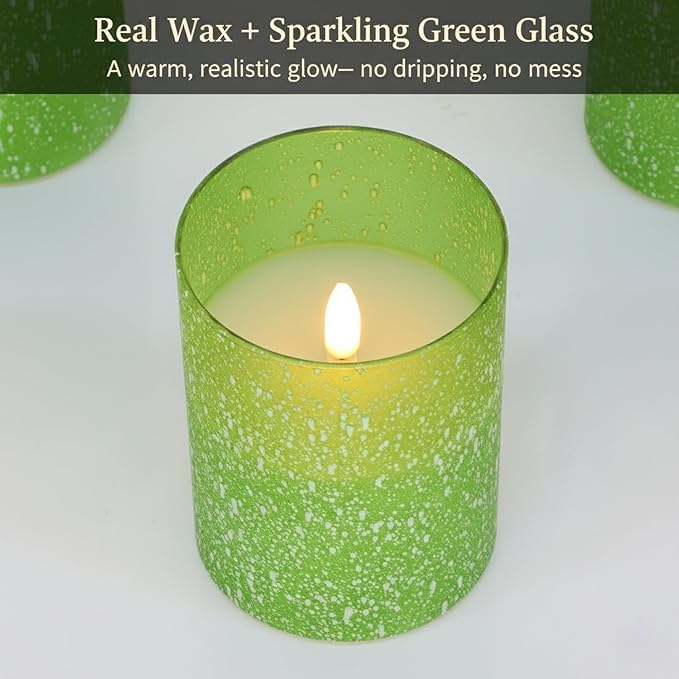 Green Flameless Candles with Remote, Glass Flickering Battery Operated LED Pillar Candles with Timer, Real Wax, Set of 3 x4/5"/6"