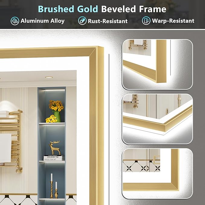 84x32 Gold Beveled LED Bathroom Mirror with Lights, Brushed Gold Framed Backlit and Front Lit Anti-Fog Lighted Vanity Mirrors for Bathroom Wall, Dimmable, 3 Colors, Memory, HD Tempered Glass