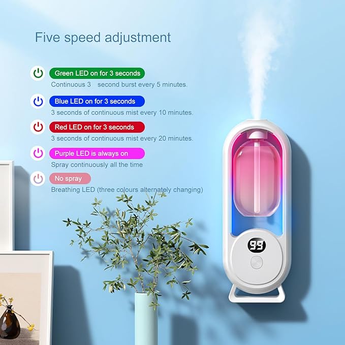 Air Freshener Automatic Spray Bathroom, Wall Mounted Essential Oil Diffuser Automatic Fragrance Dispenser Aromatherapy Diffuser with LED Display, for Bedroom Bathroom Office Hotel