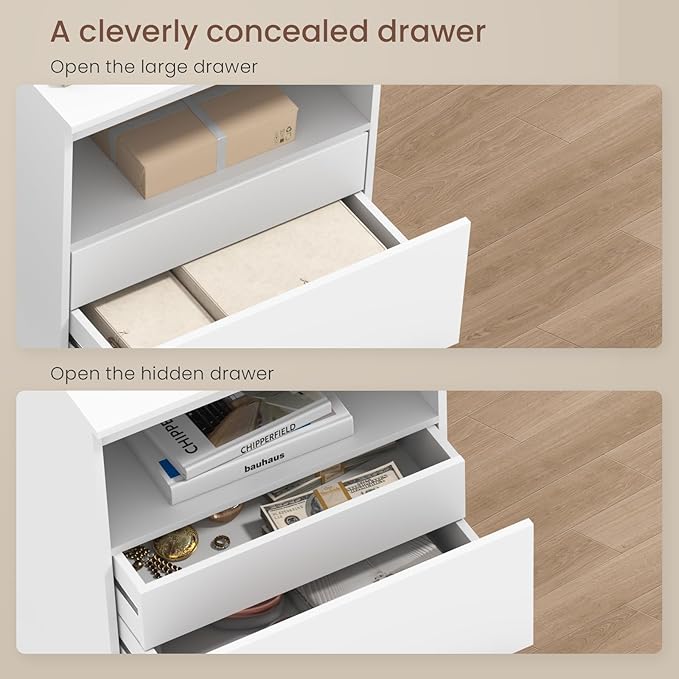 Nightstand with Charging Station and LED Light, 26" H with Hidden Drawer, 3 Drawers, Modern Night Stand for Bedroom, White