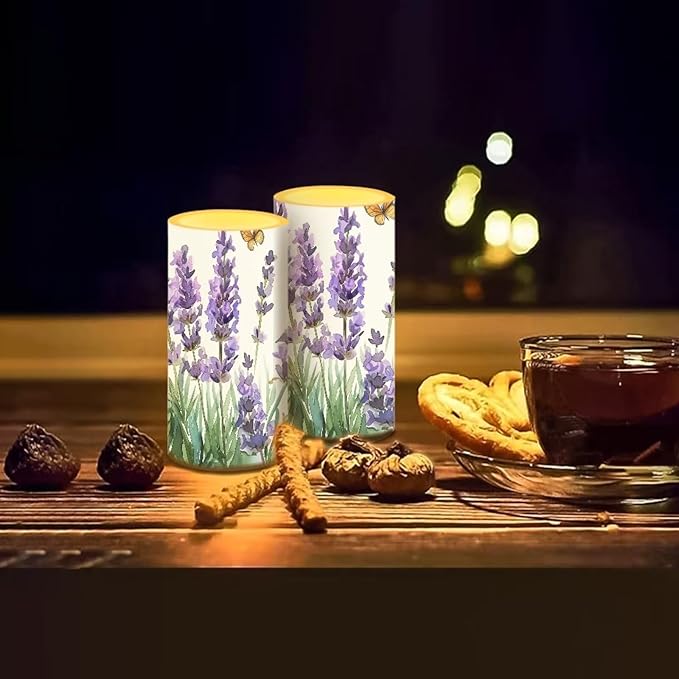 Lavender Flameless Candles 2 Pack 6 x 3 inch Battery Operated Candles with Multicolor Timer Remote Control LED Fake Candles for Warm Light Dinner Table Home Decor