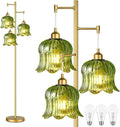 Glass Floor Lamp for Living Room,Bedroom,Mid Century Modern Standing Lamp Brass Tree 3 Light Tall Floor Lamps Vintage Retro Floor Lights Gold Green Flower Lamp Shade Farmhouse Boho Bohemian