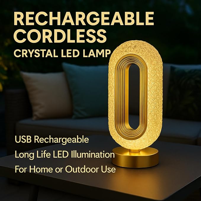 USB Rechargeable Crystal LED Lamp – Cordless Touch Control, 3 Light Modes, Gold Finish, Dimmable Bedside Nightstand, Dinner Table, Restaurant Table, Camping, Cabin, & Office and Home Décor Light