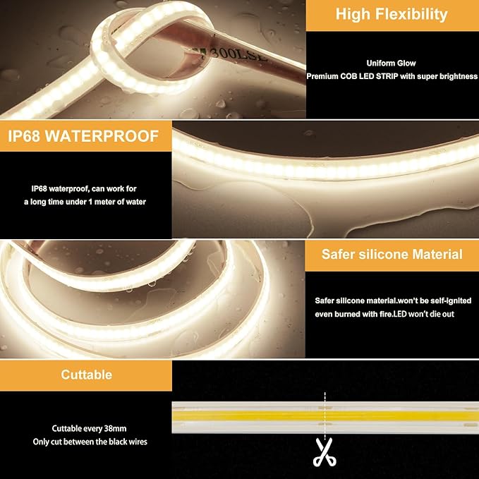 16.4ft COB LED Strip Lights Waterproof IP68, 4000K Natural White Outdoor 24V Dimmable Silicone LED Tape Lighting High Density, 4000LM+, 3200LEDs Clips and Screws(Power Supply Not Included)