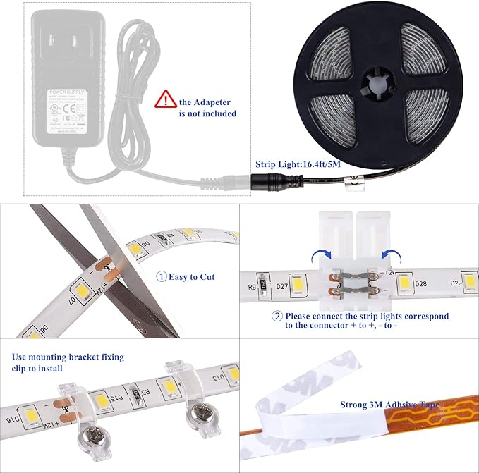 16.4ft White Led Strip Lights, 12V Waterproof Led Strip Lights Flexible Light Strip Indoor for Bedroom, Kitchen, Bathroom(Not Included Power)
