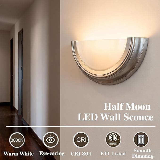 14 inch LED Wall Sconce, Half Moon Indoor Wall Light with Glass Shade, 3000K Warm White, Support Dimming, Modern Bathroom Vanity Light Fixtures for Bedroom, Living Room, Hallway, Stairwell