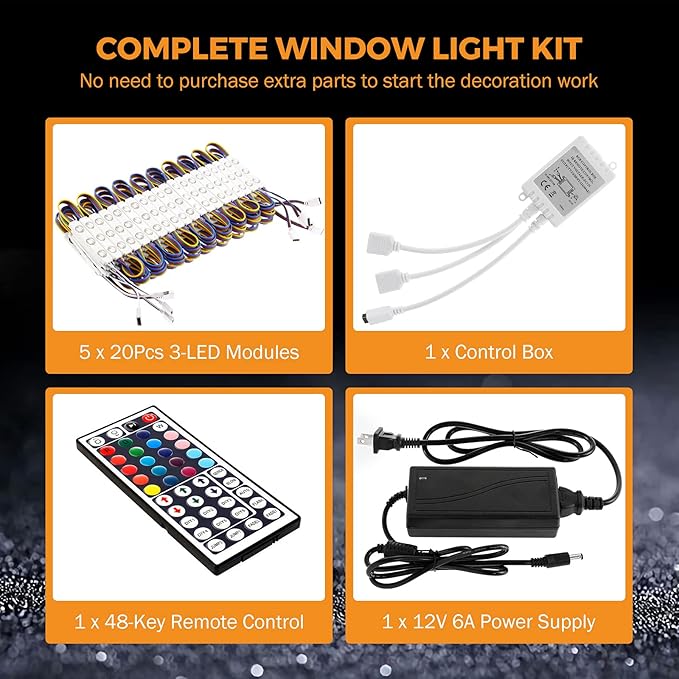 BEAMNOVA 50Ft Commercial RGB Storefront Light Kit for Business with Remote Control, 12v Power Supply Transformer, 100Pcs 3-LED Outdoor Adhesive Waterproof Strip Lights