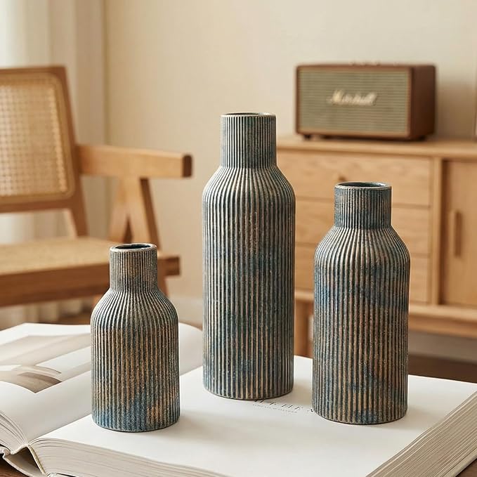 Ceramic Ribbed Vase Set of 3, Modern Farmhouse Decorative Vases in Vintage Blue, Assorted Sizes (5.9"/7.8"/9.8") for Pampas Grass, Living Room, Shelf and Table Centerpiece