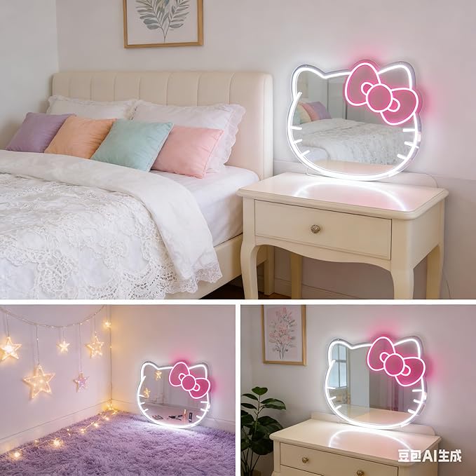Hello Kit Mirror with Light Neon Signs for Room Decor, USB Powered Cute Cat LED Lights, Teen Girl Best Gift, Makeup Mirror Neon Sign Wall Decor (Warm White)
