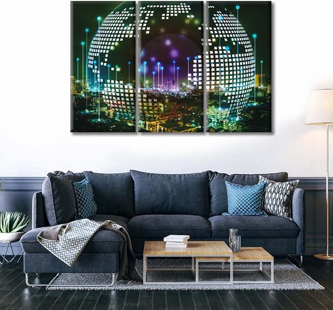 Wall Decor City with Wireless Network Connection Concept Posters and Prints 3 Piece Abstract Communication Technology Concept Art Prints Wall Art Giclee Print Gallery Packaging Artwork (60"Wx40"H)