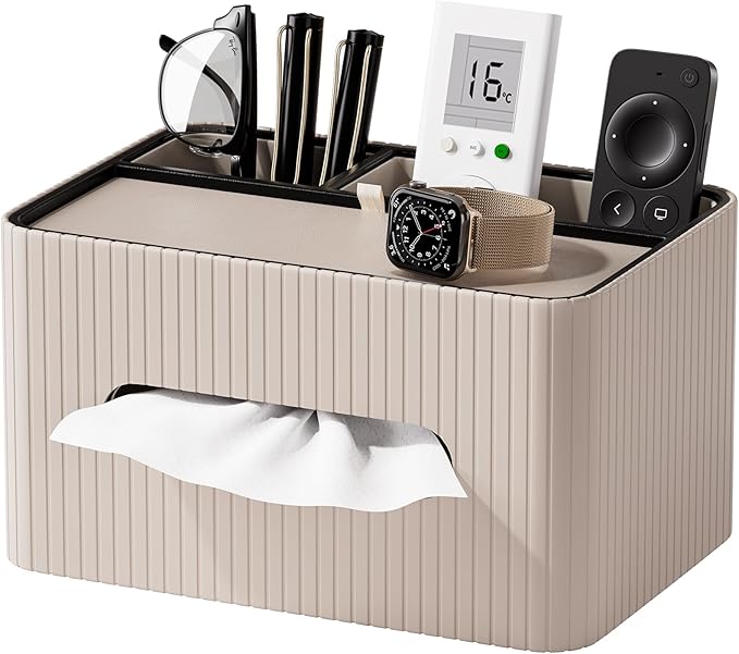 KINGFOM Leather Tissue Box Cover with Storage Tray, Decorative Tissue Box Holder Organizer for Office Desk, Bedroom & Nightstand, Remote Control Holder for Perfume, Watch, Glasses, Pens (Mocha Beige)