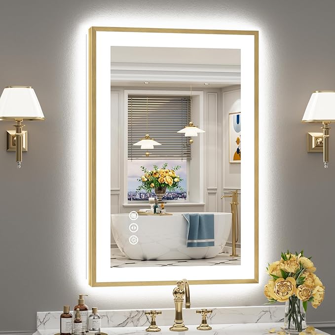 24x36 Gold LED Bathroom Mirror with Lights, Brushed Gold Framed Backlit and Front Lit Anti-Fog Lighted Vanity Mirrors for Bathroom Wall, Dimmable, 3 Colors, Memory, HD Tempered Glass, CRI＞90
