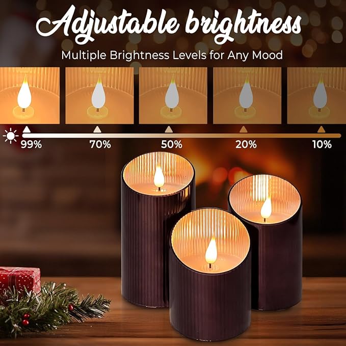 Rechargeable Flameless Candle, Flickering LED Pillar Glass Fake Candle with Remote and Timer, Built-in Battery Real Wax Electronic Candle for Room Decoration, Set of 3