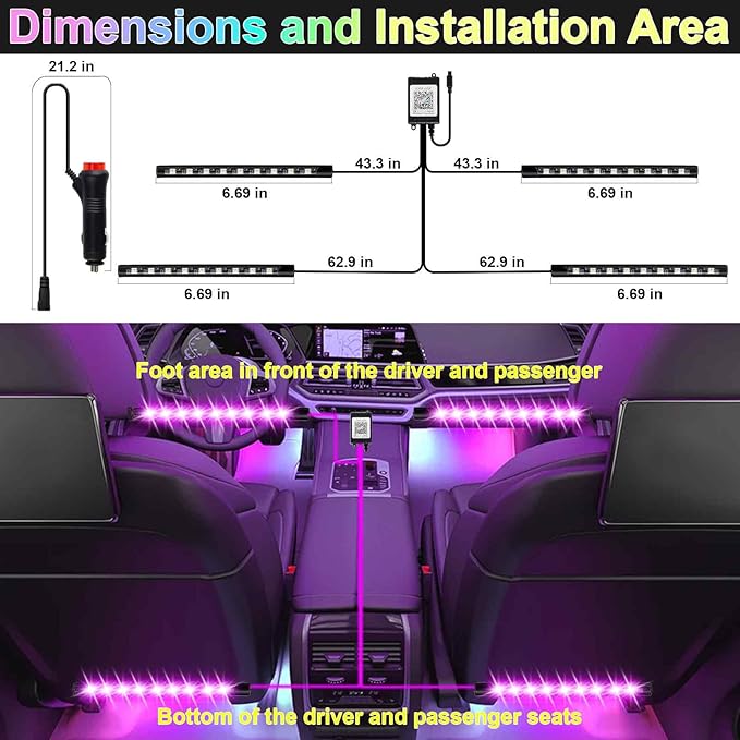 Car Interior Lights, 12V LED Strip Lights with Cigarette Lighter Adapter, Ambient Lighting Car Accessories, App & Remote Control Music Sync Color Change Lights for Truck Car Decor (36LED Beads)