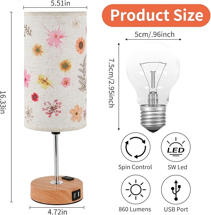 Flower Touch Table Lamp,3-Way Dimmable Bedside Lamps with USB Port and Outlet,Cute Lamp with Wood Grain Base,Vintage Lamp for Bedroom,Dormitory,Room Decor,flower2