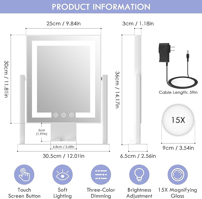 Makeup Mirror with Lights, Vanity Mirror with 3 Lighting Modes, Light Up Mirror, Touch Sensor, AC-Powered, 360 Rotatable, Metal Frame, with Detachable 3.5" 15X Spot Mirro, Gift for Women