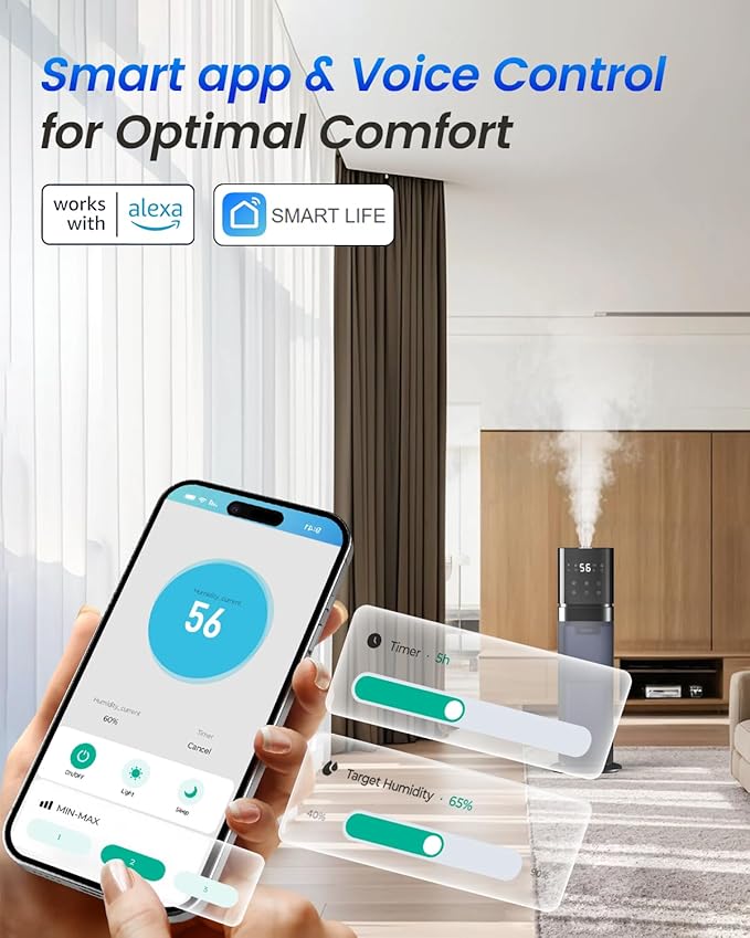 Humidifiers for Bedroom 2.1Gal/8L, Smart Humidifier Large room, Cool Mist Humidifiers for Bedroom Large Room with Extended Tube, WIFI App&Voice Control, Humidifiers for Home Baby Plants, Blue