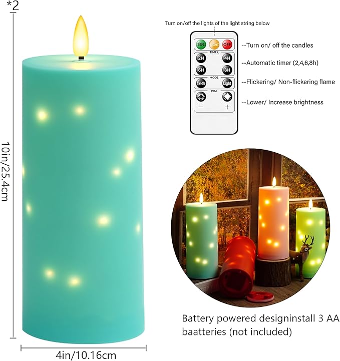 10" x 4" Large Outdoor Waterproof Flickering Flameless Candles with Timer,2Pcs Battery Operated LED Pillar Candles with Embedded Star String for Outdoor Lanterns,Porch,Patio Decor(Blue)