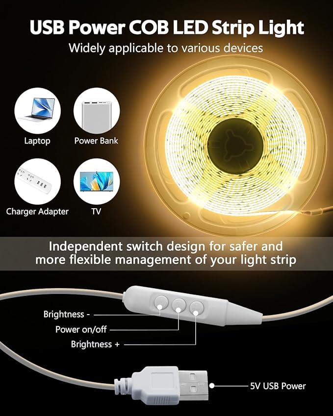 5V COB LED Strip Light for Bedroom 16.4FT USB LED Light Strip Warm White 3000K with Dimmer 320LEDs/M Flexible LED Tape Lights High Density Self -Adhesive for TV Mirror Cabinet DIY Indoor