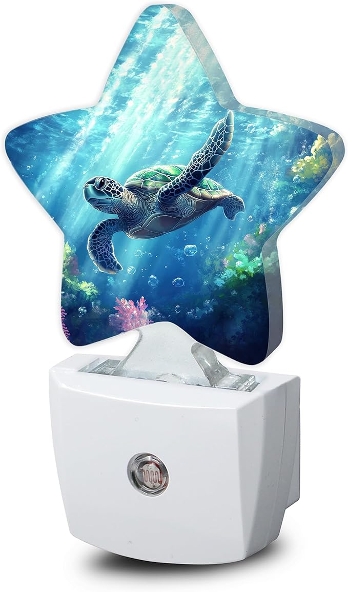 Night Light,Cute Sea Turtle Plug into Wall with Dusk to Dawn Light Sensors,Beach Ocean Coral Warm Star Nightlights for Bedroom,Bathroom,Hallway,Kitchen Home Decor Desk Lamp