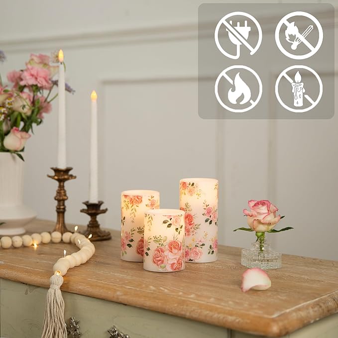 Flameless Candles with Remote, Battery Operated Candles Real Wax Pink Rose Flickering LED Candles Floral Christmas Decor Electric Pillar Candles Set of 3