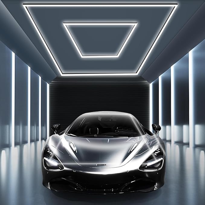 MODERN Hexagon LED Garage Light: 36720 Lumens Hexagon Garage Led Ceiling Light with 2 Rectangular Borders 6500K for Garage, Auto Beauty Shop, Car Detailing Shop etc.
