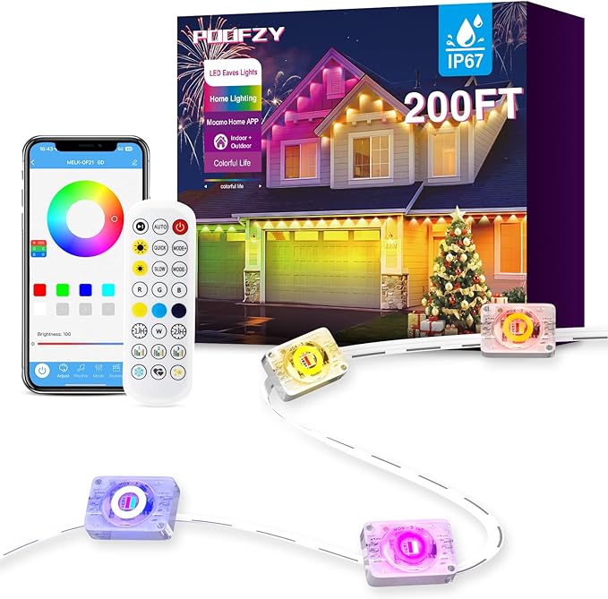 POOFZY Permanent Outdoor Lights for House,200ft RGB+IC Smart Outdoor Decor, 50 Scene Modes,App/Remote Control,for Christmas,Easter,V-Day,Thanksgiving,Daily & Holiday Party Decor