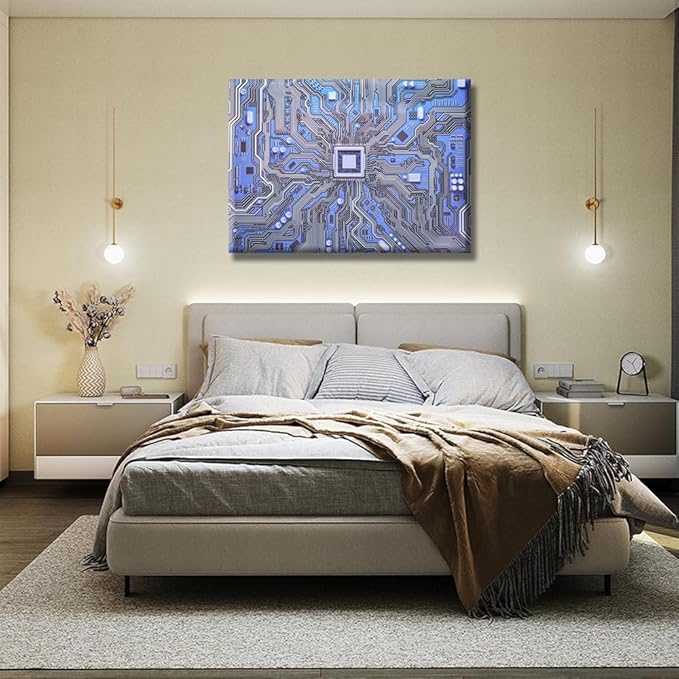 Circuit Board Canvas Paintings Wall Art 1 Piece CPU Circuit Board Posters and Prints Bedroom Decor Wall Art Computer Processors CPU Framed Gallery-Wrapped Ready to Hang 20X28 INCH