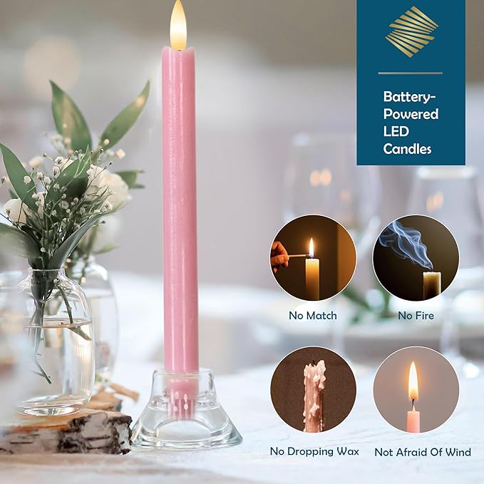 Pink Flameless Taper Candles with Remote, Real Wax Battery Operated LED Candles with 3D Flickering Flame, 9.6" Realistic Dripless Candlesticks for Valentine's Day Decor, Proposal Wedding, 3 Pack