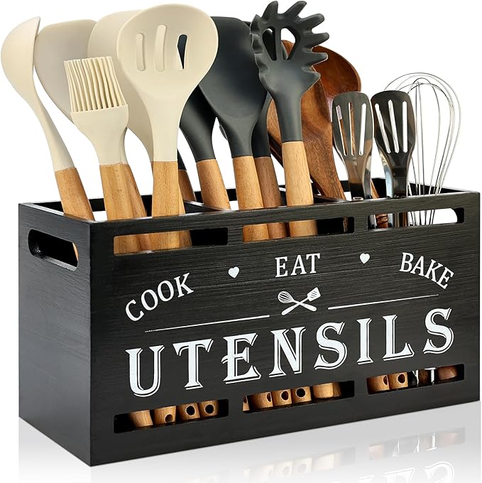 Extra Large Black Wood Utensil Holder Organizer Farmhouse Kitchen Decor Cutlery Spatula Holder Silverware Caddy Wooden Cooking Utensils Holder for Kitchen Countertop Utensil Crock Spoon Tools Holder