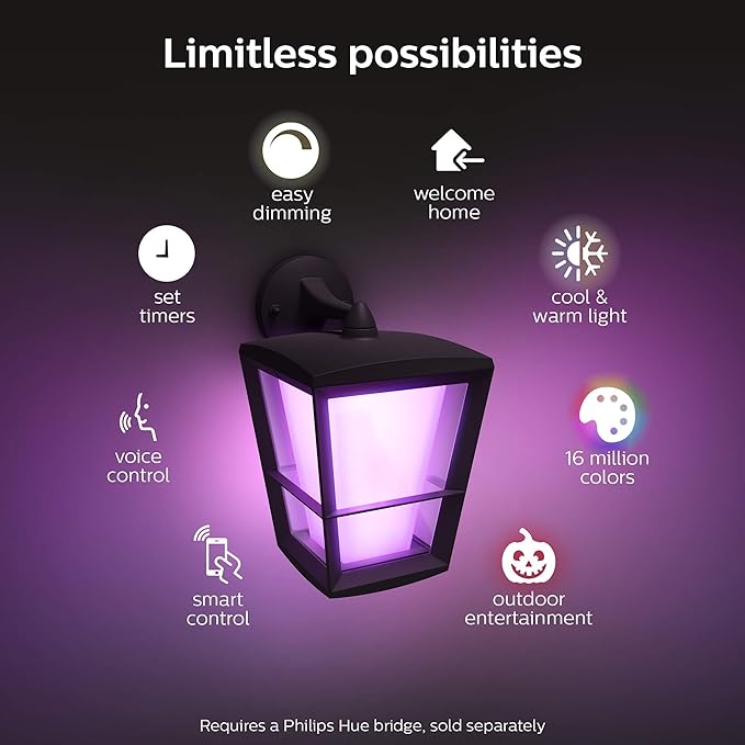 Philips Hue Econic Down Outdoor Smart Wall Light, Black - E26 White and Color Ambiance LED Color-Changing Bulb - 1 Pack - Requires Hue Bridge - Control with Hue App and Voice - Weatherproof