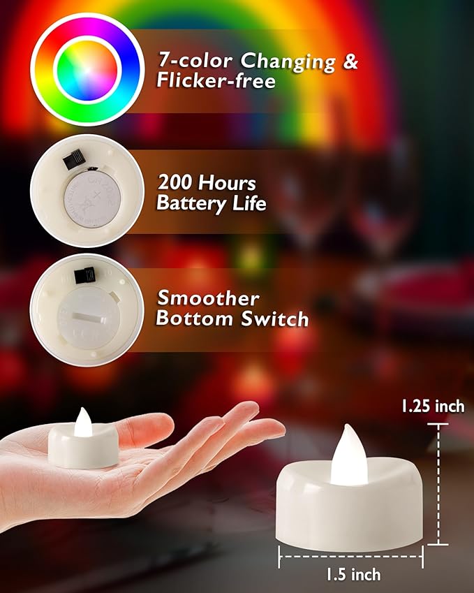Raycare 24 Pack 7-Color Changing LED Tea Lights, Battery Operated Flameless Votive Candles for Party, Halloween Pumpkin, and Christmas Decorations (200+ Hours)