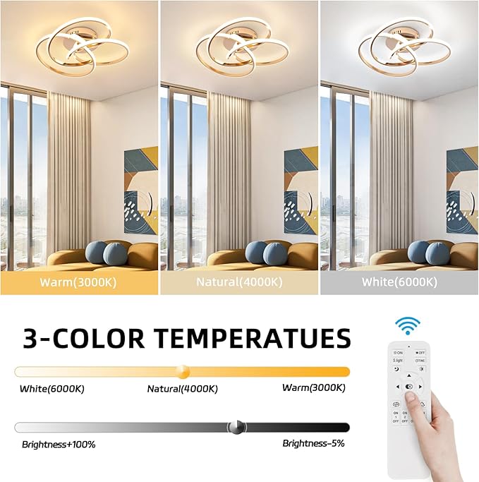 CANEOE Modern LED Ceiling Light Fixture, 42W Gold Dimmable Flush Mount Ceiling Light with Remote Control, Curve Design Close to Ceiling Lamp for Bedroom Living Dining Room Kitchen