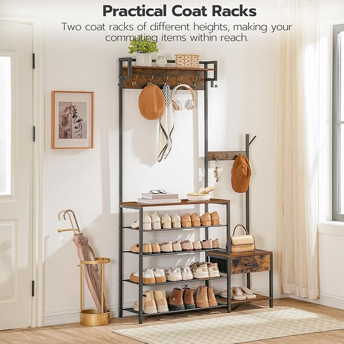 HOOBRO Hall Tree, Entryway Coat Rack Shoe Bench, Shoe and Coat Rack for Entryway, Hall Tree Coat Rack, with Non-Woven Fabric Drawer, for Entrance, Foyer, Rustic Brown and Black BF113MT01
