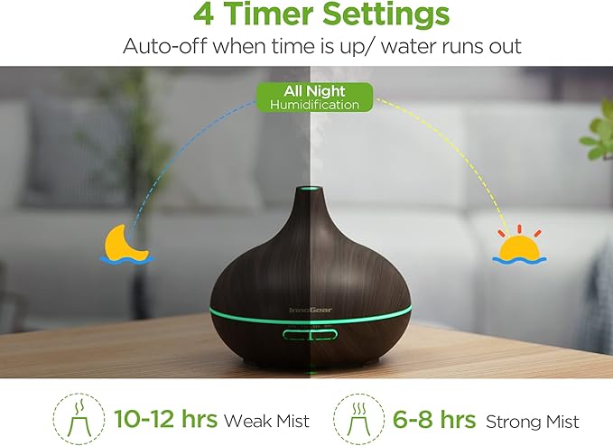 InnoGear Aromatherapy Diffuser & 10 Essential Oils Set, 400ml Diffuser Ultrasonic Diffuser Cool Mist Humidifier with 4 Timers 7 Colors Light Waterless Auto Off for Valentine's Gift, Dark Wood Grain