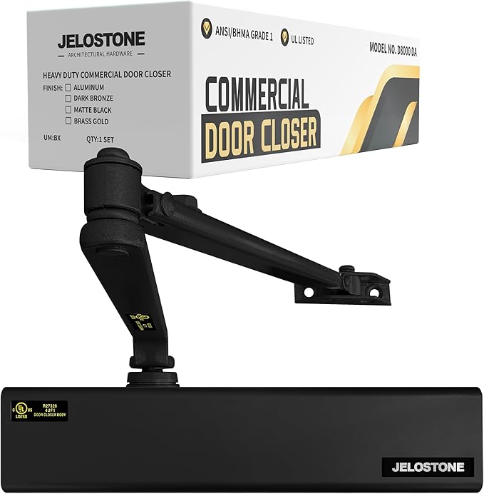 Heavy Duty, Commercial Door Closer D8000DA, ANSI Grade 1, UL 3 Hour Fire Rated, ADA Compliant, Delayed Action, Adjustable Spring Size 1-6 for Doors(44-330LB/30-60 in), Indoor/Outdoor(Matte Black)