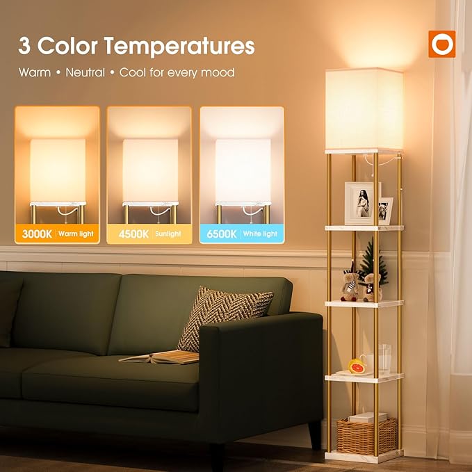 addlon 5-Tier Floor Lamp with Shelves, Standing Lamp with 3 Color Temperature, Corner Display Nightstand Lamp for Living Room, Bedroom and Office (70'' H, Gold&White)