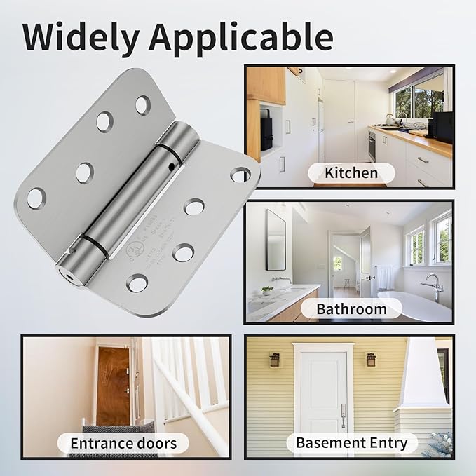 3 Pack Self Closing Door Hinges 4 Inch, Automatic Closing Door Hinge with 5/8'' Radius Corners, Adjustable Tension for Garage, Front, Back Door, UL Listed, Left and Right Hand, Brushed Nickel