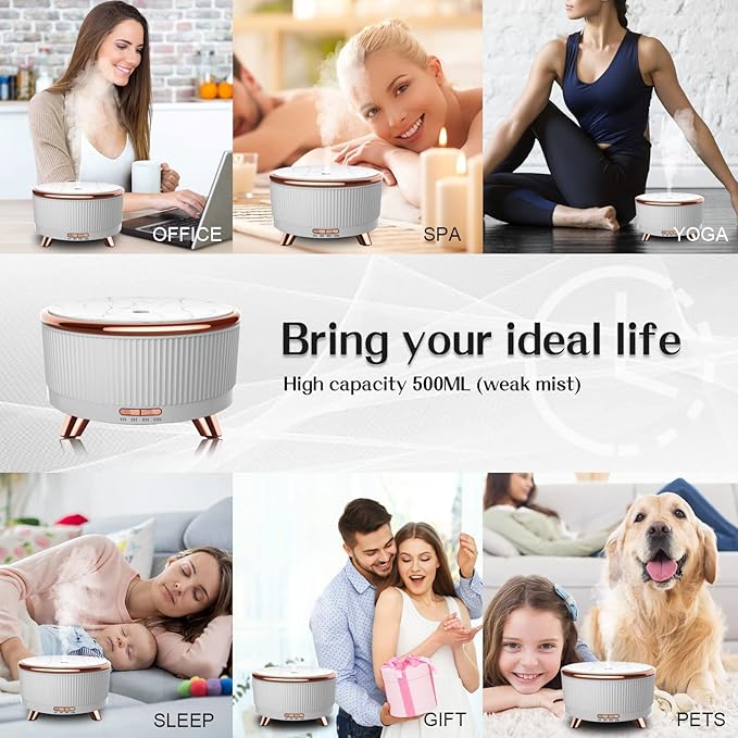 Essential Oil Diffuser for Home with 6 Essential Oils Set,500ml Diffuser with R/C 7 Colors Light & 3 Mist Mode Automatic Shut-Off,Aromatherapy Diffusers for Home,Office,Yoga,Spa,Gift