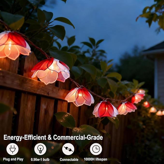 Decorative String Lights Plug in with 10 Bulbs, Flower Garland Fairy Lights Connectable Weatherproof Outdoor Indoor for Wedding Pergola Bedroom Porch Floral Home Decor (Purple White)